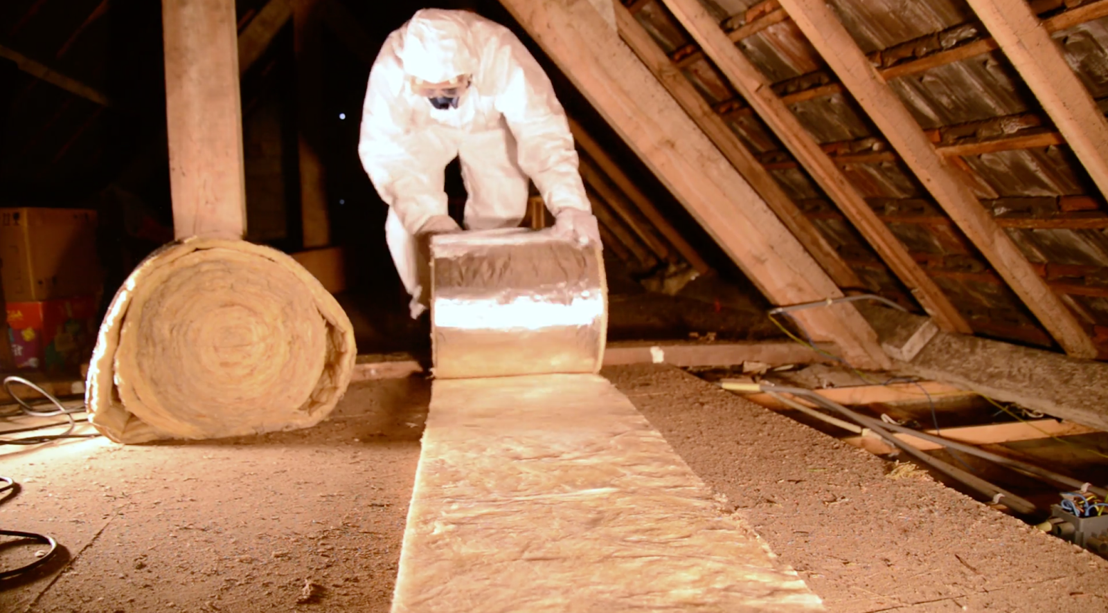 Worker in protective suit and mask installing radiant barrier insulation rolls in an attic