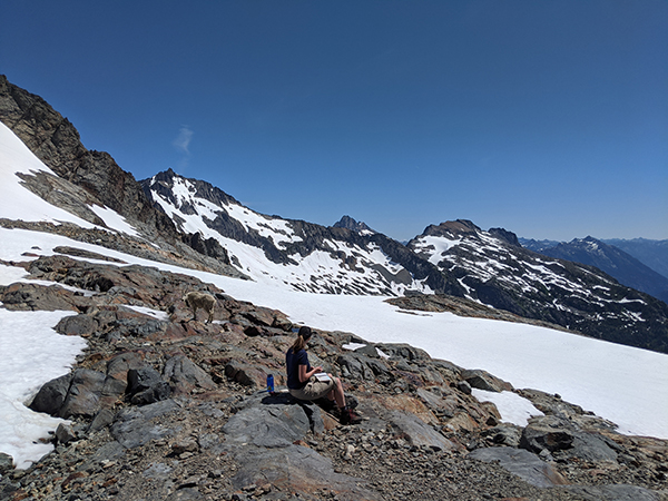 Image of designer painting in the mountains.