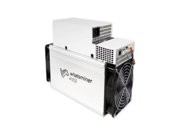 Model Whatsminer M30S++ from MicroBT mining SHA-256 algorithm with a maximum hashrate of 112Th/s for a power consumption of 3472W.