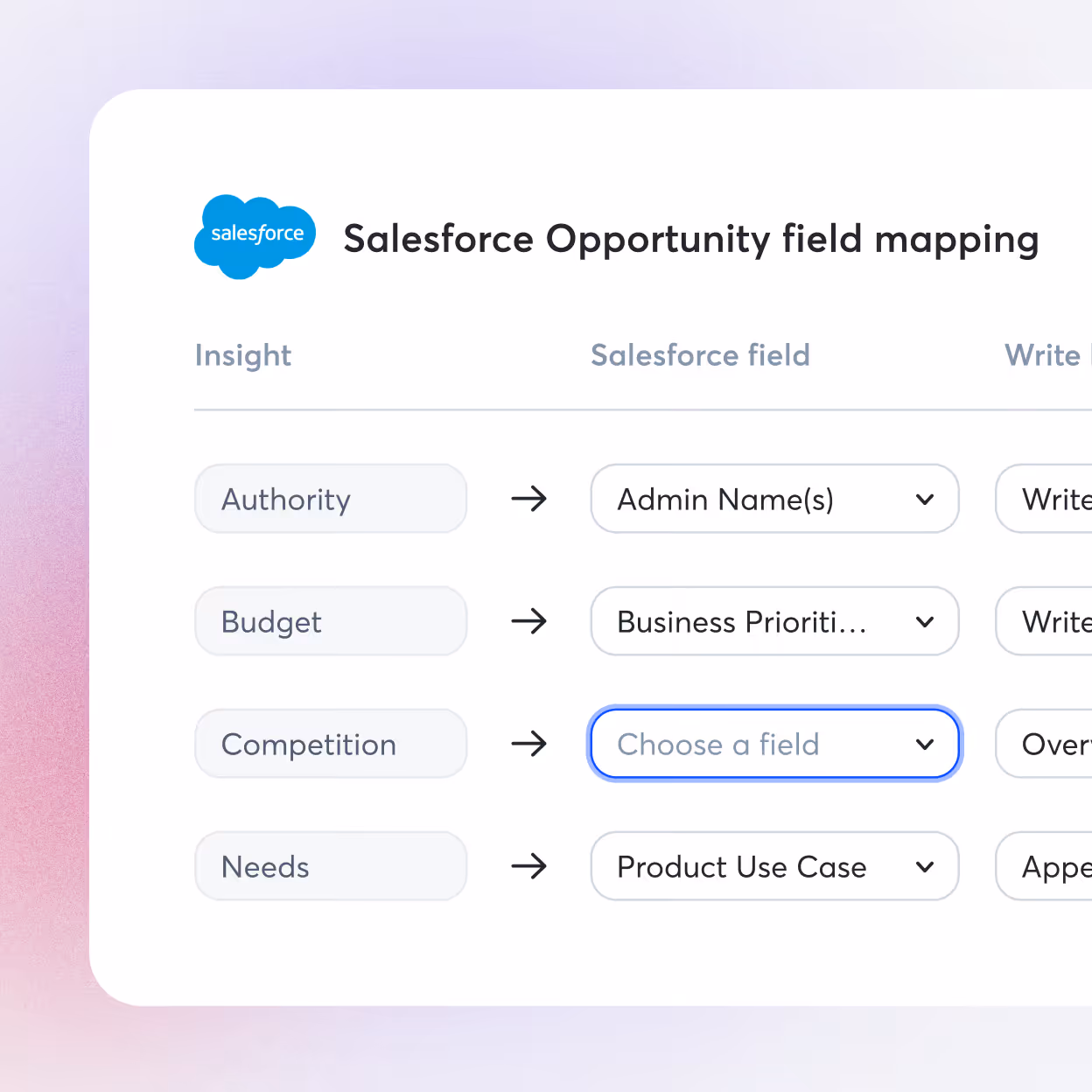 Salesforce Opportunity field mapping interface listing Insight, Salesforce field, and Write options.