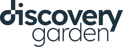 Discovery Garden wordmark logo with a stylized 'd' connected to the 'i' in dark blue.