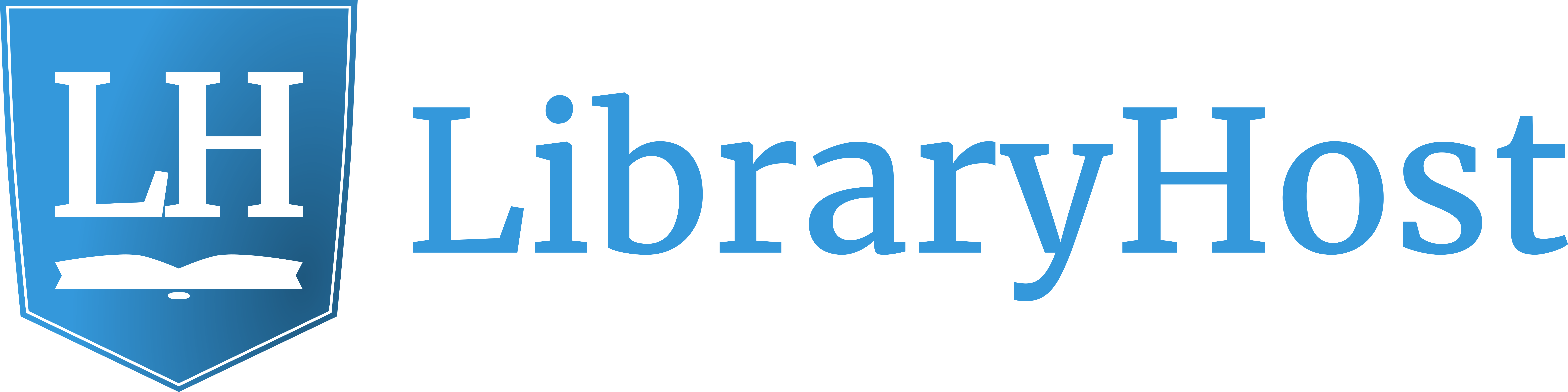 LibraryHost logo featuring a blue shield with white letters LH above an open book icon, and the word 'LibraryHost' in blue text to the right.