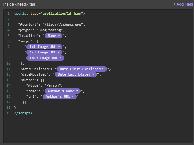 The custom code to include into the CMS template page to add structured data.