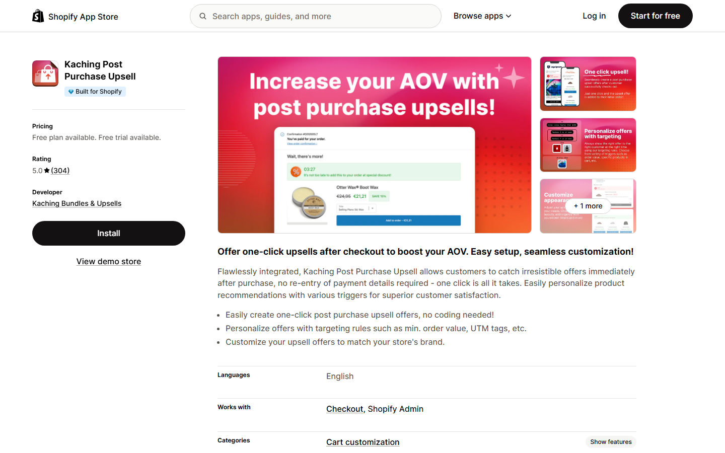 Kaching Post Purchase Upsell listing on the Shopify App Store
