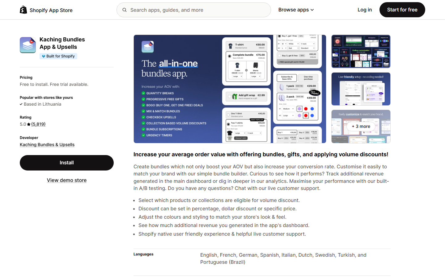 Kaching Bundles App & Upsells listing on the Shopify App Store - product bundles and quantity breaks app