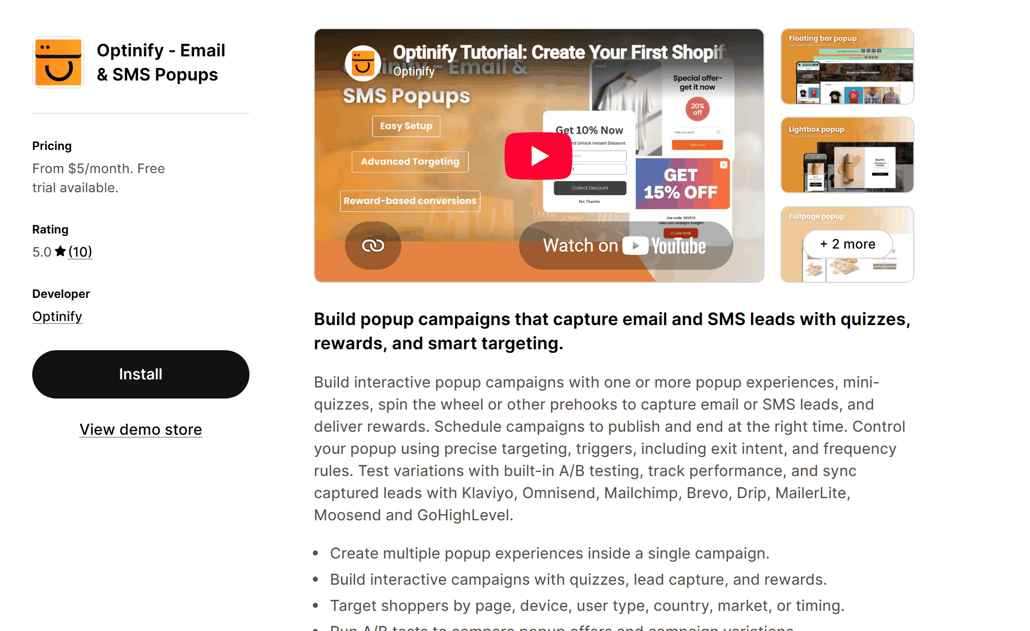 Optinify - Email & SMS Popups listing on the Shopify App Store - email and SMS popup campaigns with quizzes and rewards