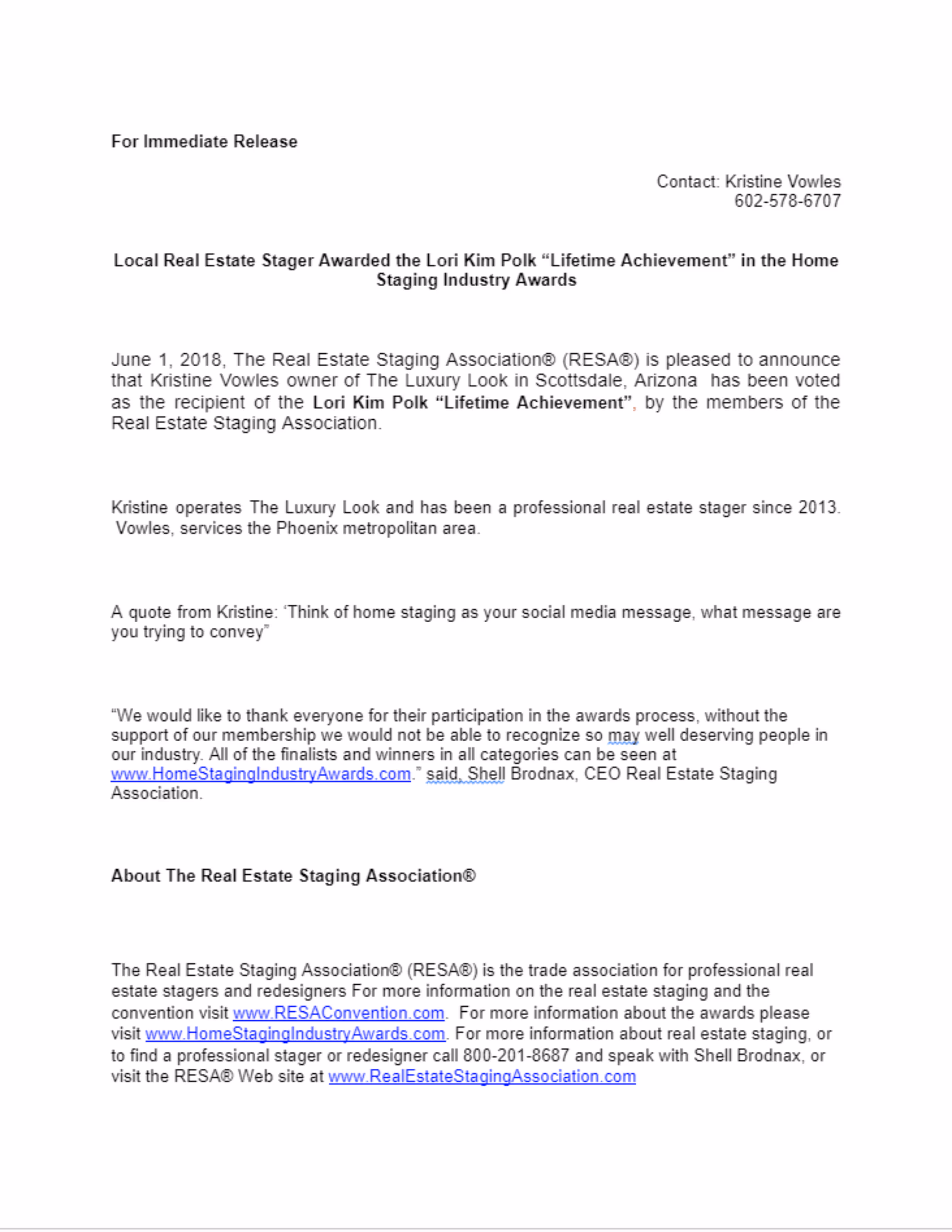 Kristine Vowles , CEO of The Luxury Look - RESA Lori Kim Polk Lifetime Achievement Award