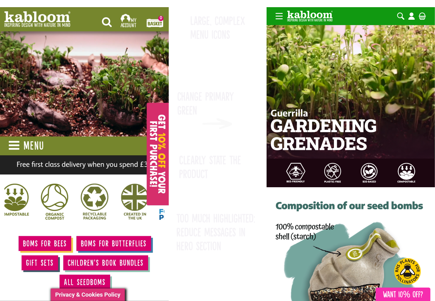 Before and after screenshots for the mobile website of Kabloom.co.uk (personal project)