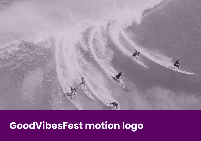 An image with the title "Good Vibes Fest motion logo" and a group of people surfing