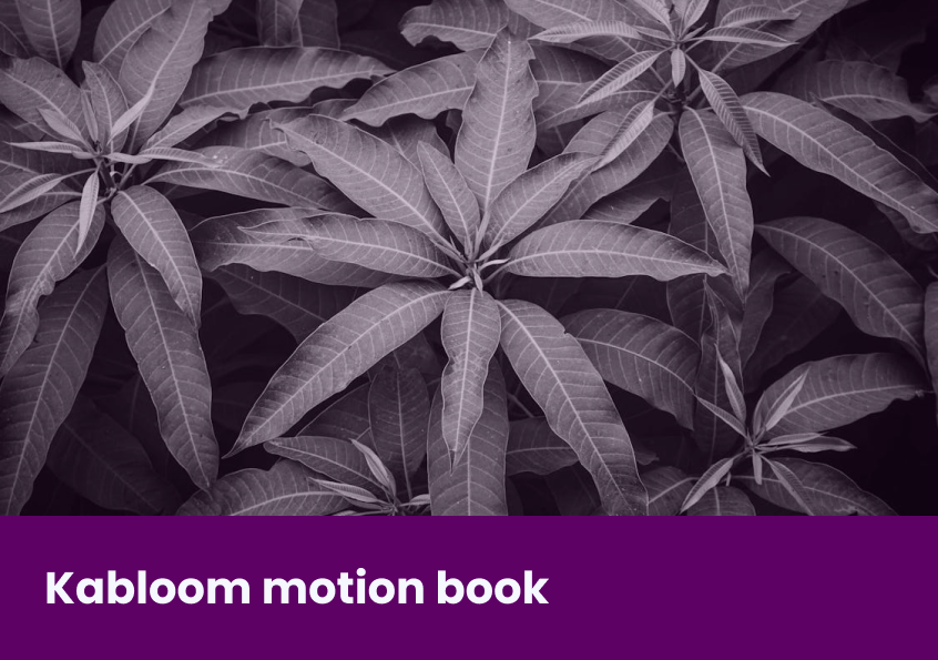 An image with the title "Kabloom motion book" and a close-up of plants