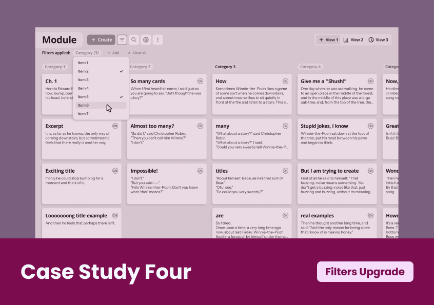 A sketch of a screen with filters applied and a title reading "Case Study Four: filters upgrade"