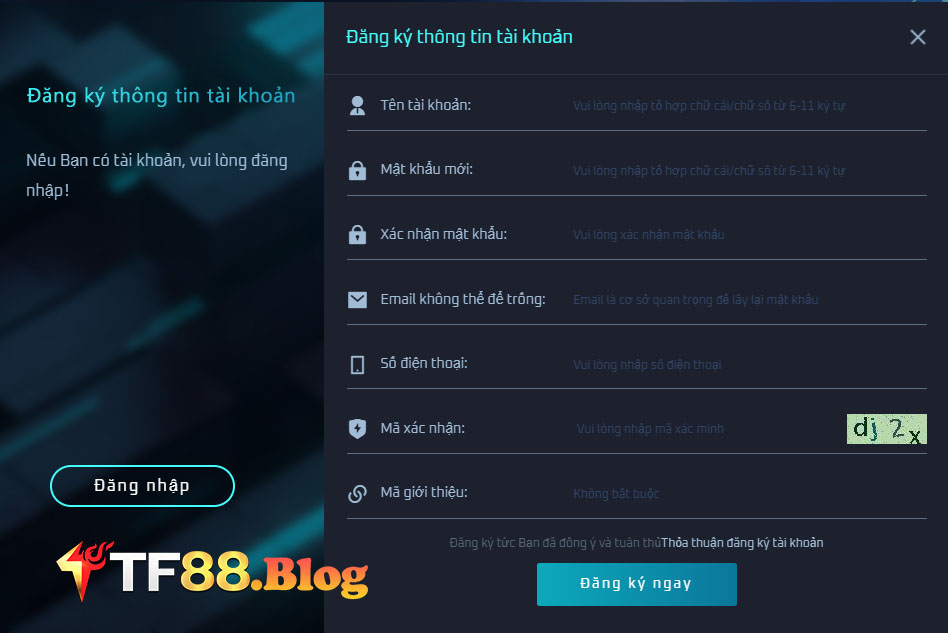 Điền thông tin đăng ký TF88