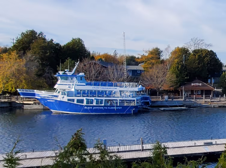 Blue and white glass-bottom tour boat docked by a calm river with trees and buildings in the background.