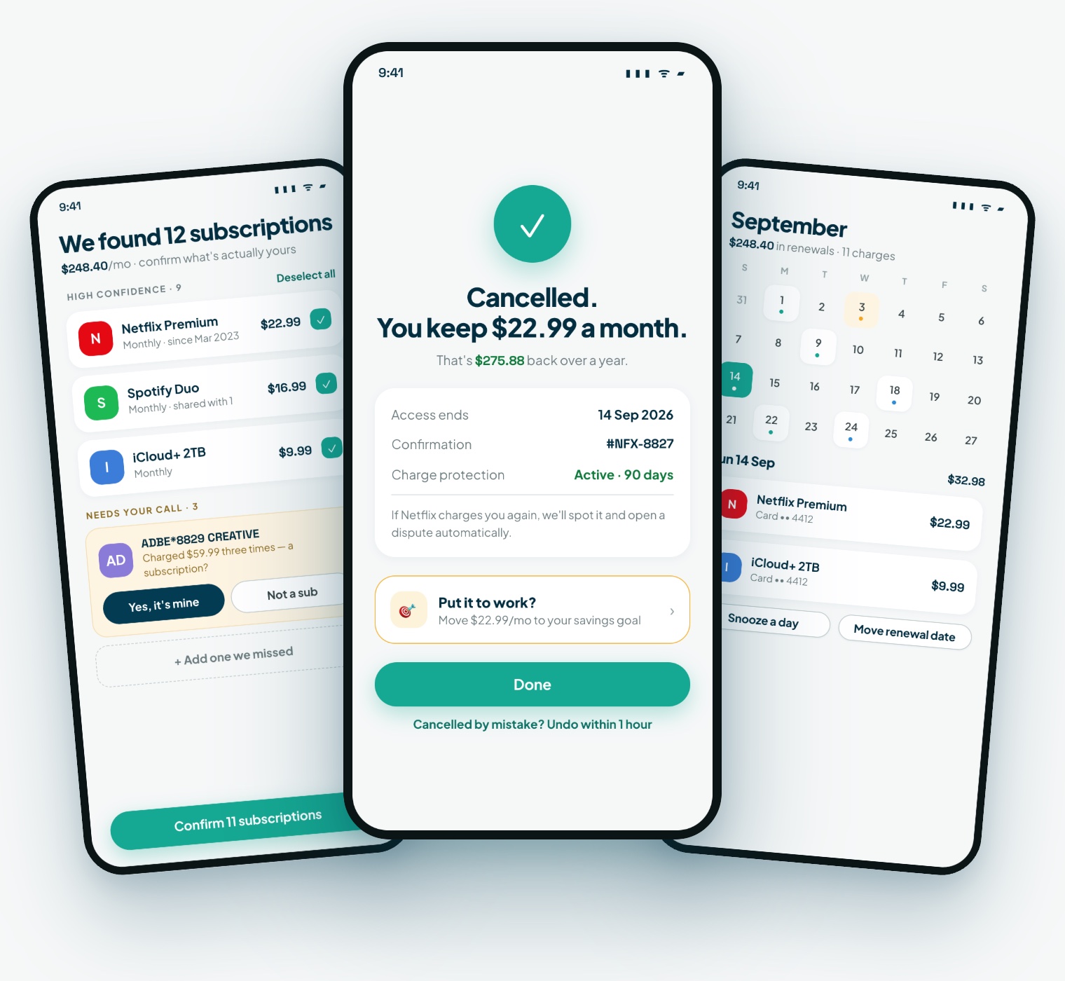 Fleek app — found subscriptions, a one-toggle cancellation and the renewals calendar