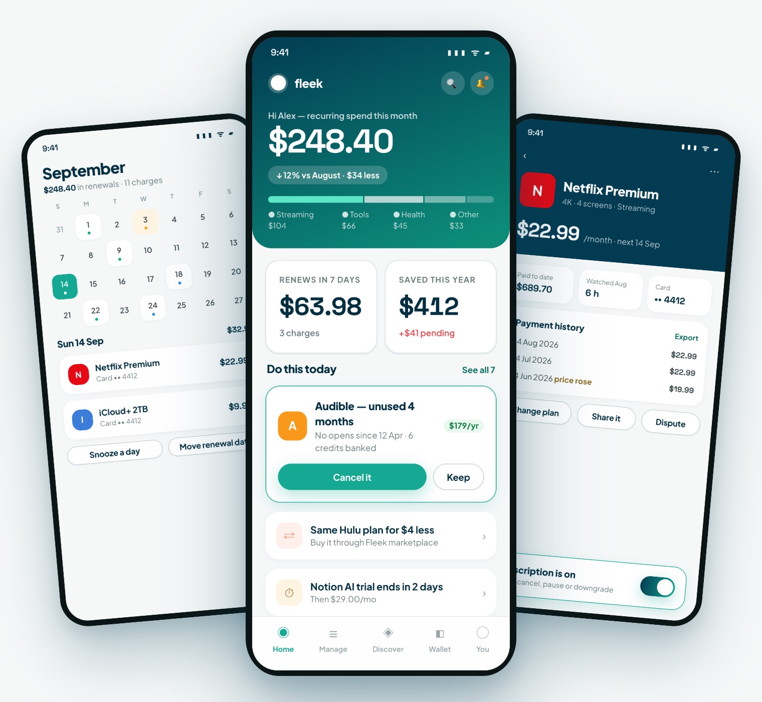 Fleek app — home feed with recurring spend, renewals calendar and a subscription on/off toggle