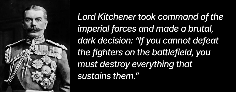 Portrait of Lord Kitchener in military uniform next to a quote about defeating fighters by destroying their support.