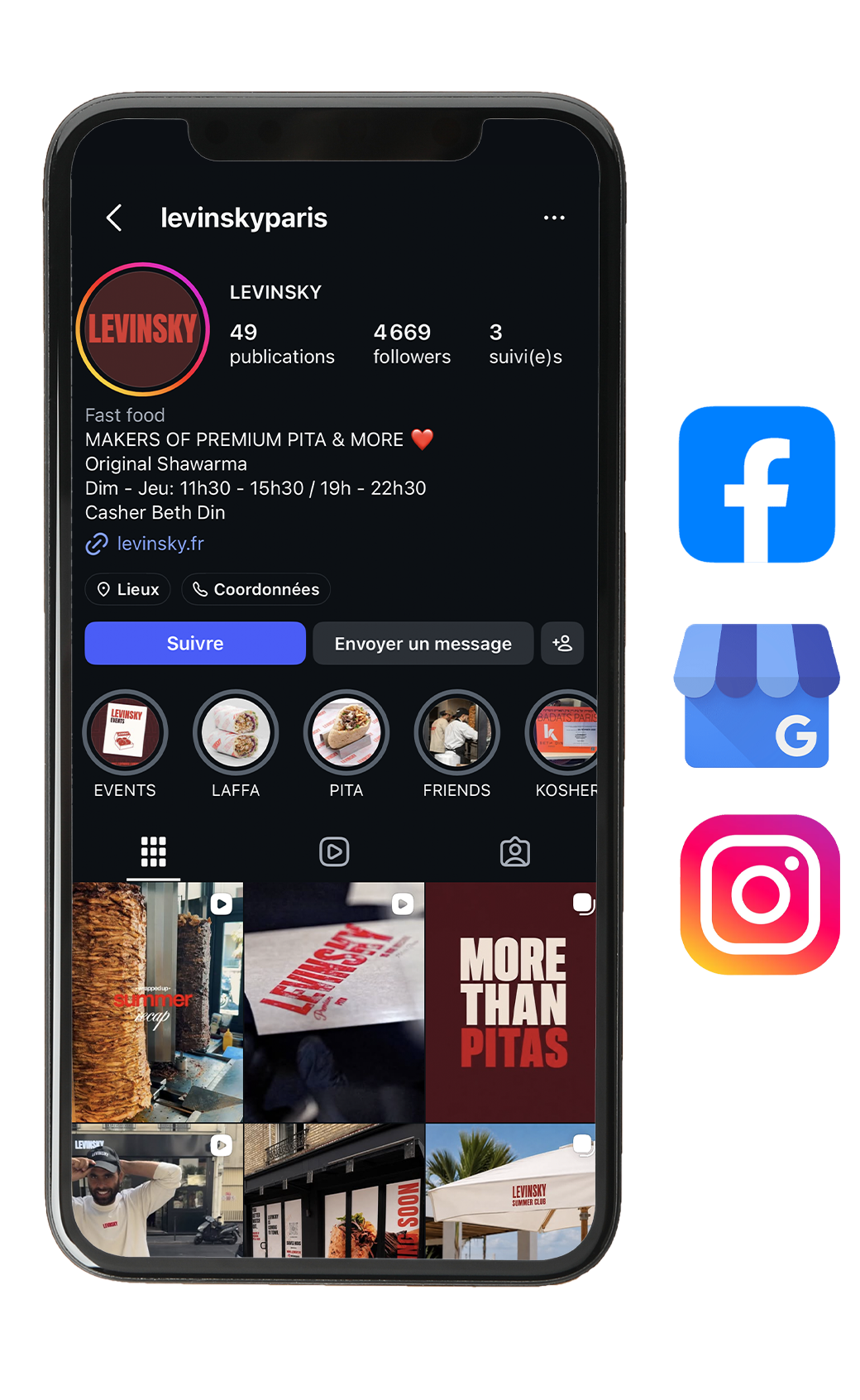 Page instagram avec bouton de commande en ligne
