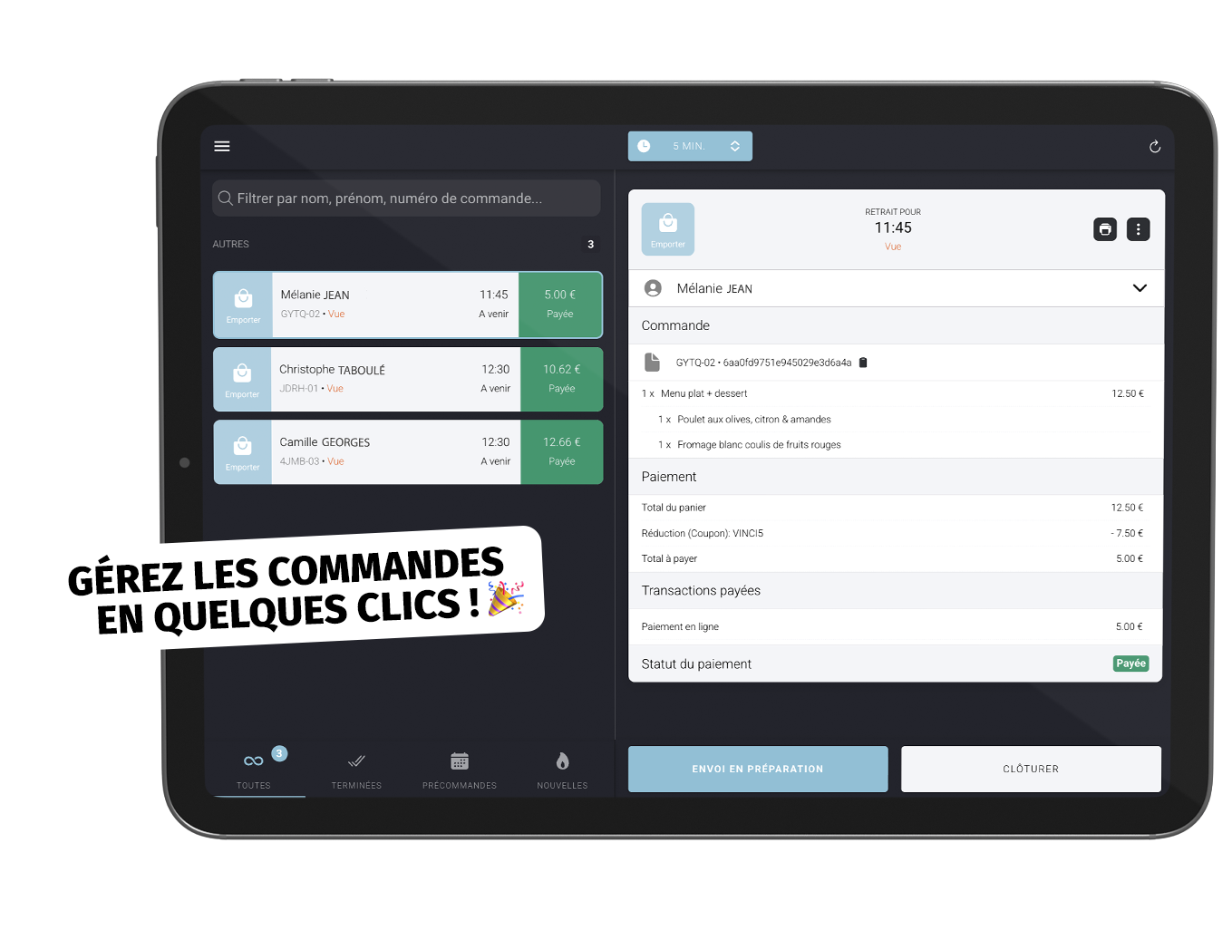 Module de réception des commandes en ligne pour restaurant