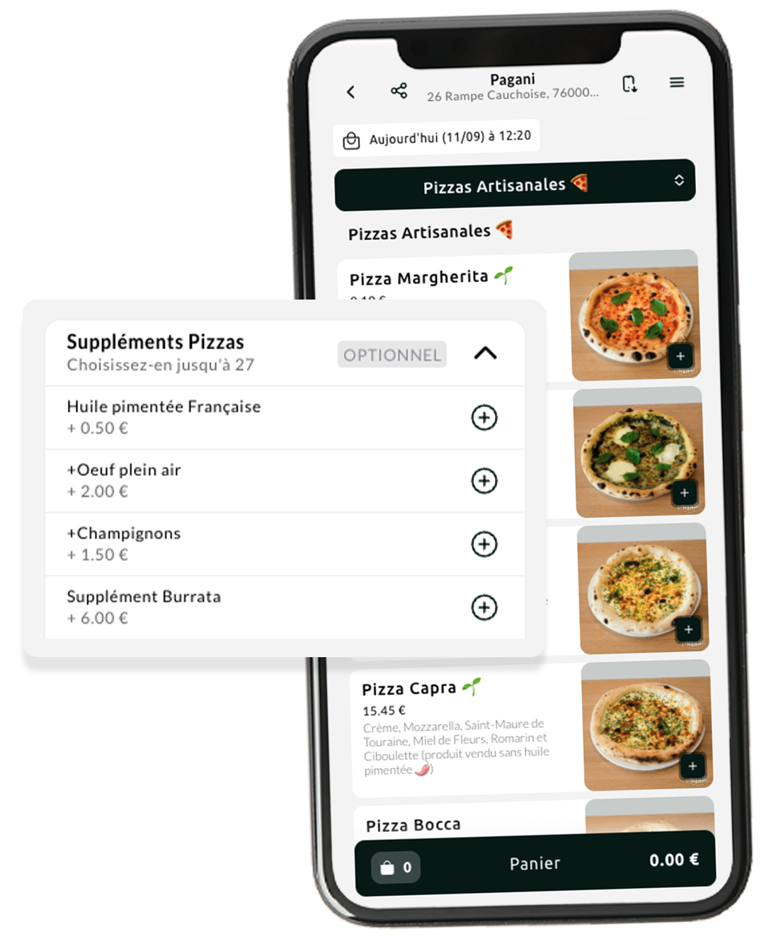 Module de commande en ligne pour restaurant pizzeria avec produits à option