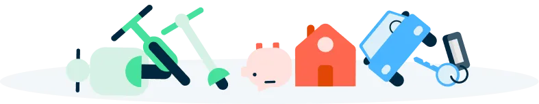 Iconos de un patinete, una casa, un niño, un coche y unas gafas, representando servicios de seguros y movilidad.