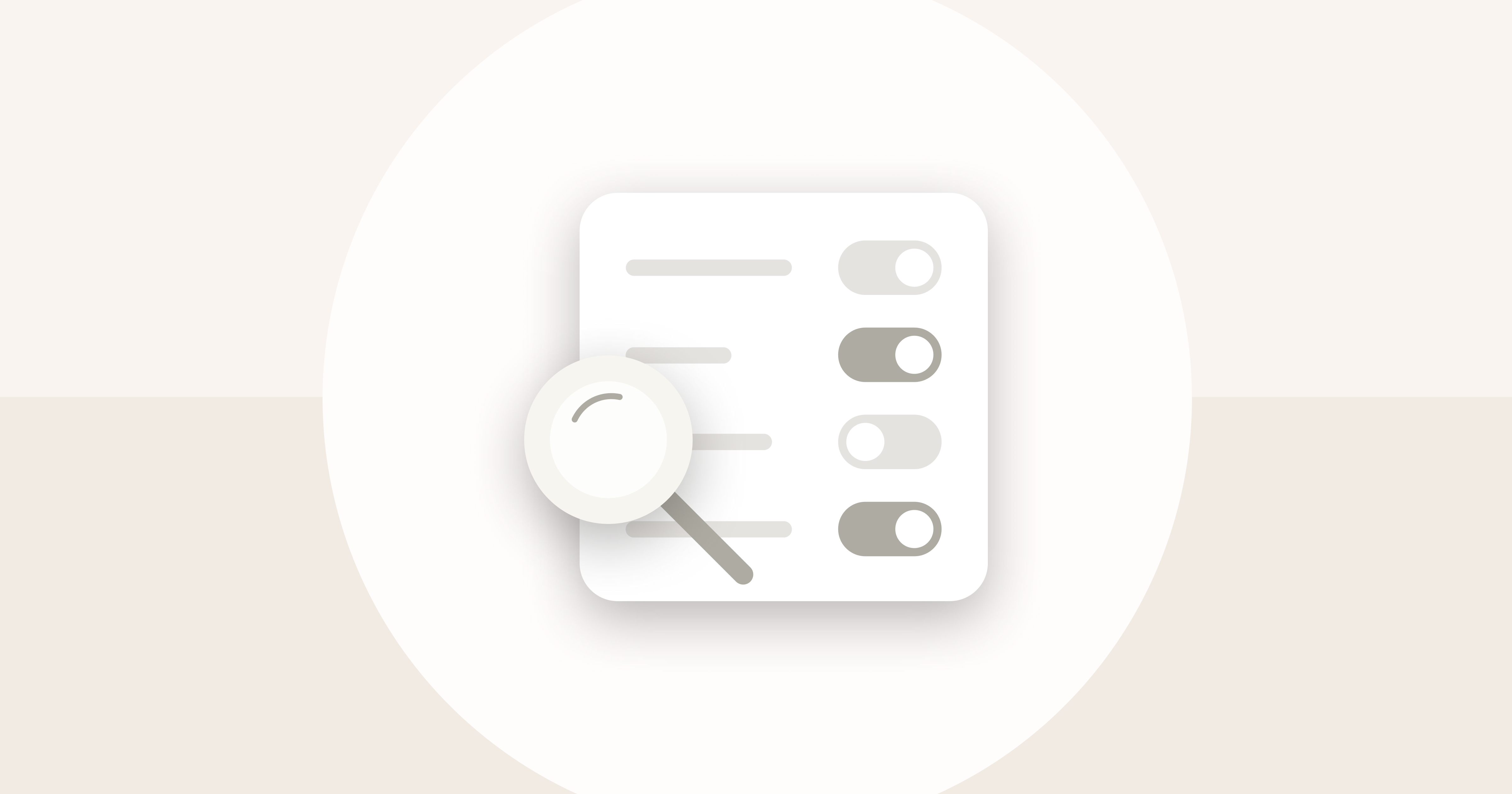 Illustration of a checklist with four toggle switches and a magnifying glass over it.