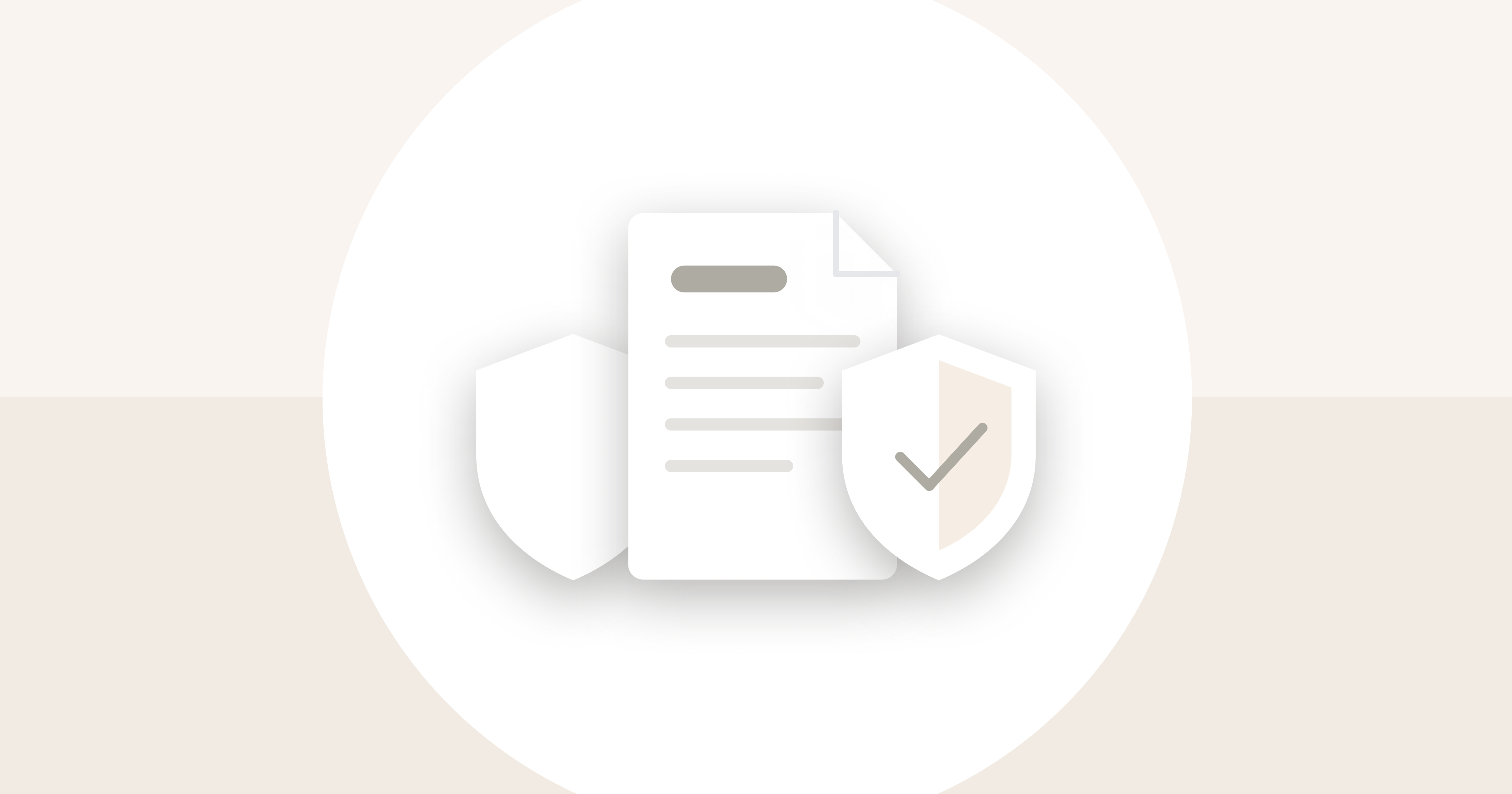 Document with two shields, one bearing a checkmark, on a beige background.