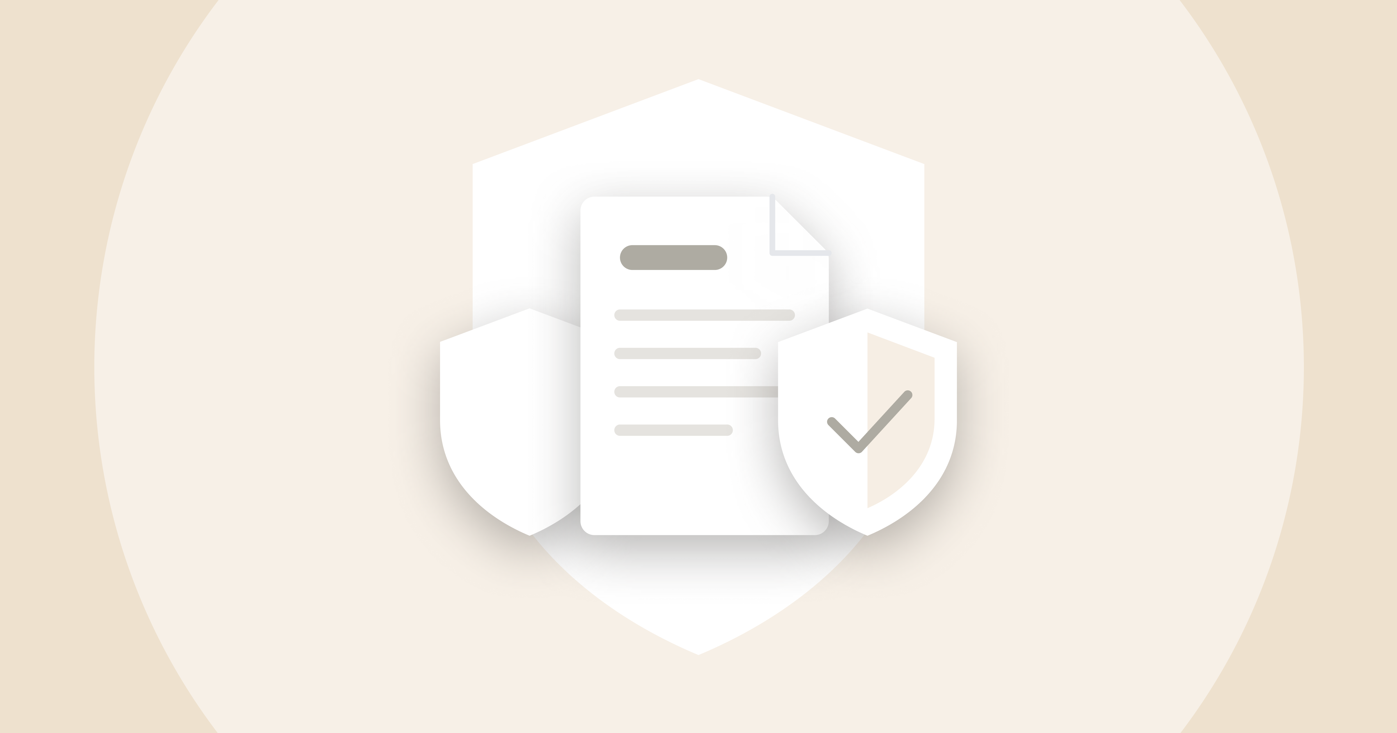 Document with checkmark shield, layered over larger shield on beige background.