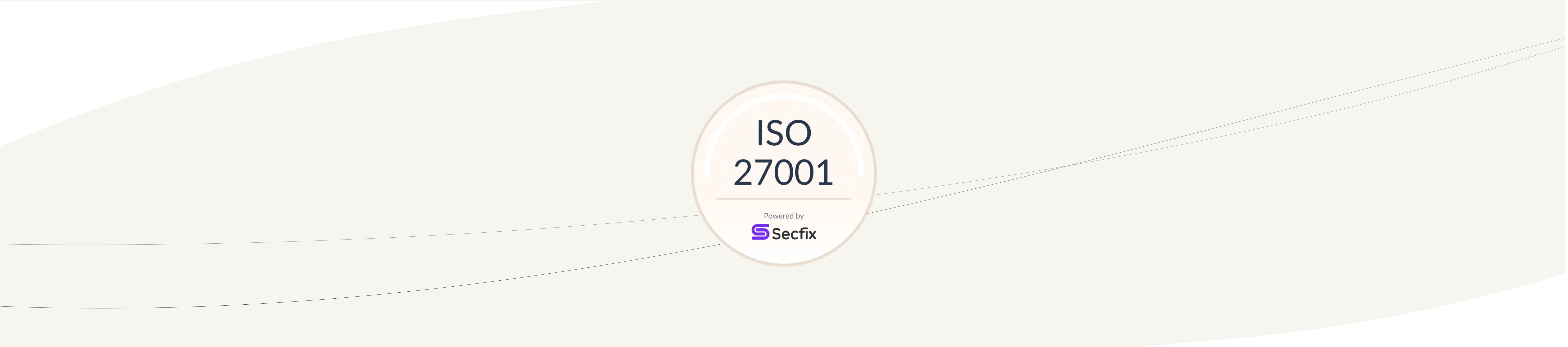 ISO 27001 certification badge, powered by Secfix, on a beige background with thin lines.