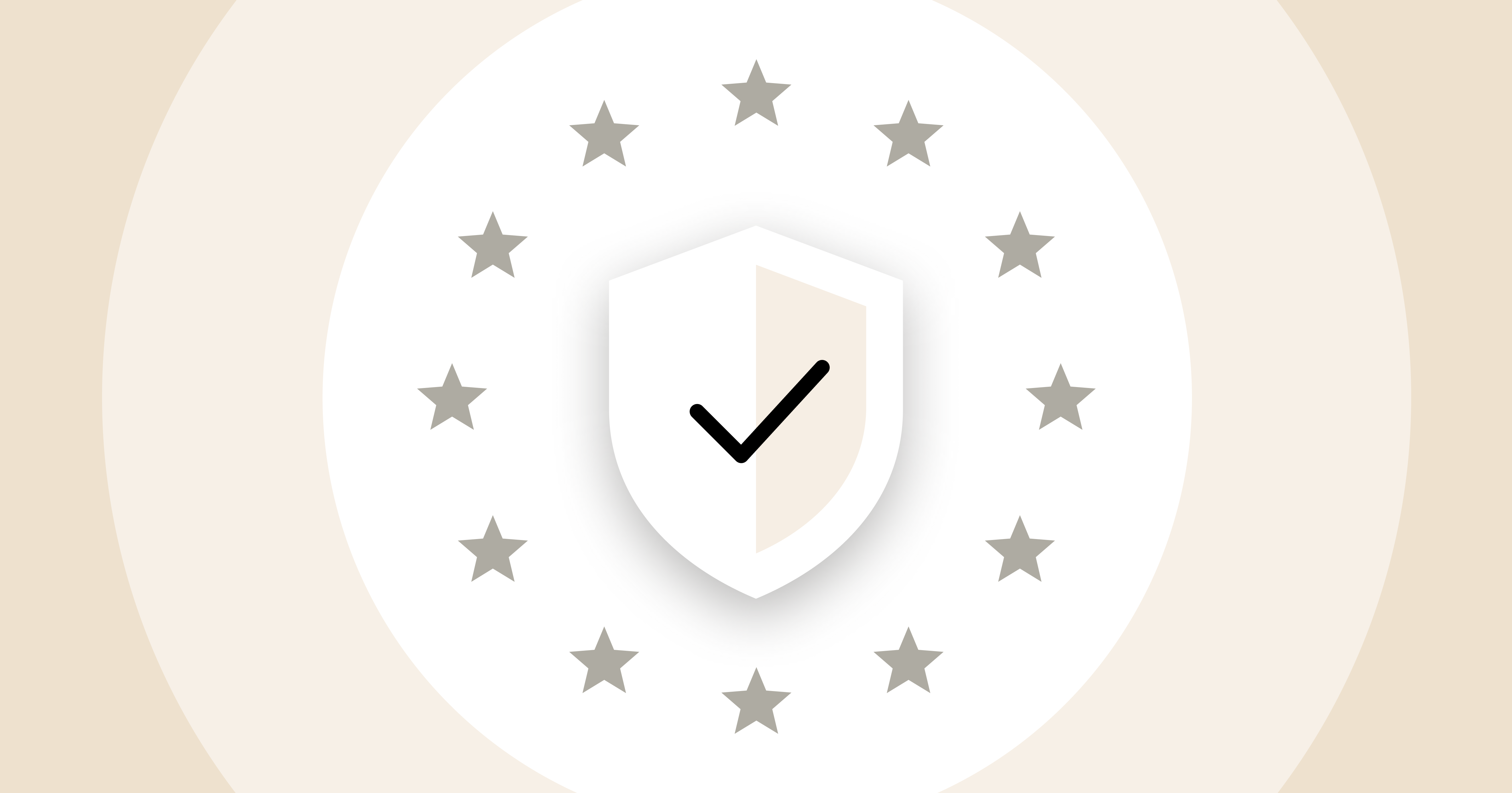 Shield with a checkmark surrounded by twelve grey stars in a circle.