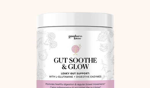 Container of Goodness Lover Gut Soothe & Glow supplement for leaky gut support with L-glutamine and digestive enzymes.