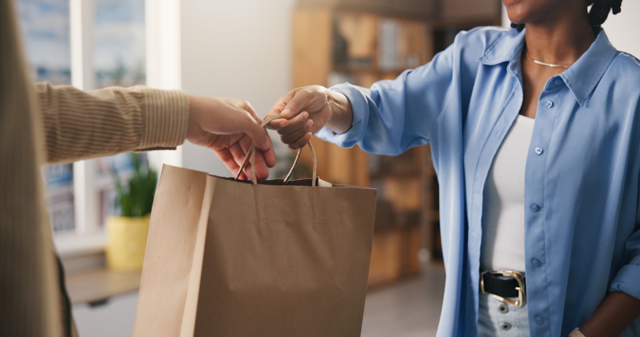 A shopping bag in a retail environment.