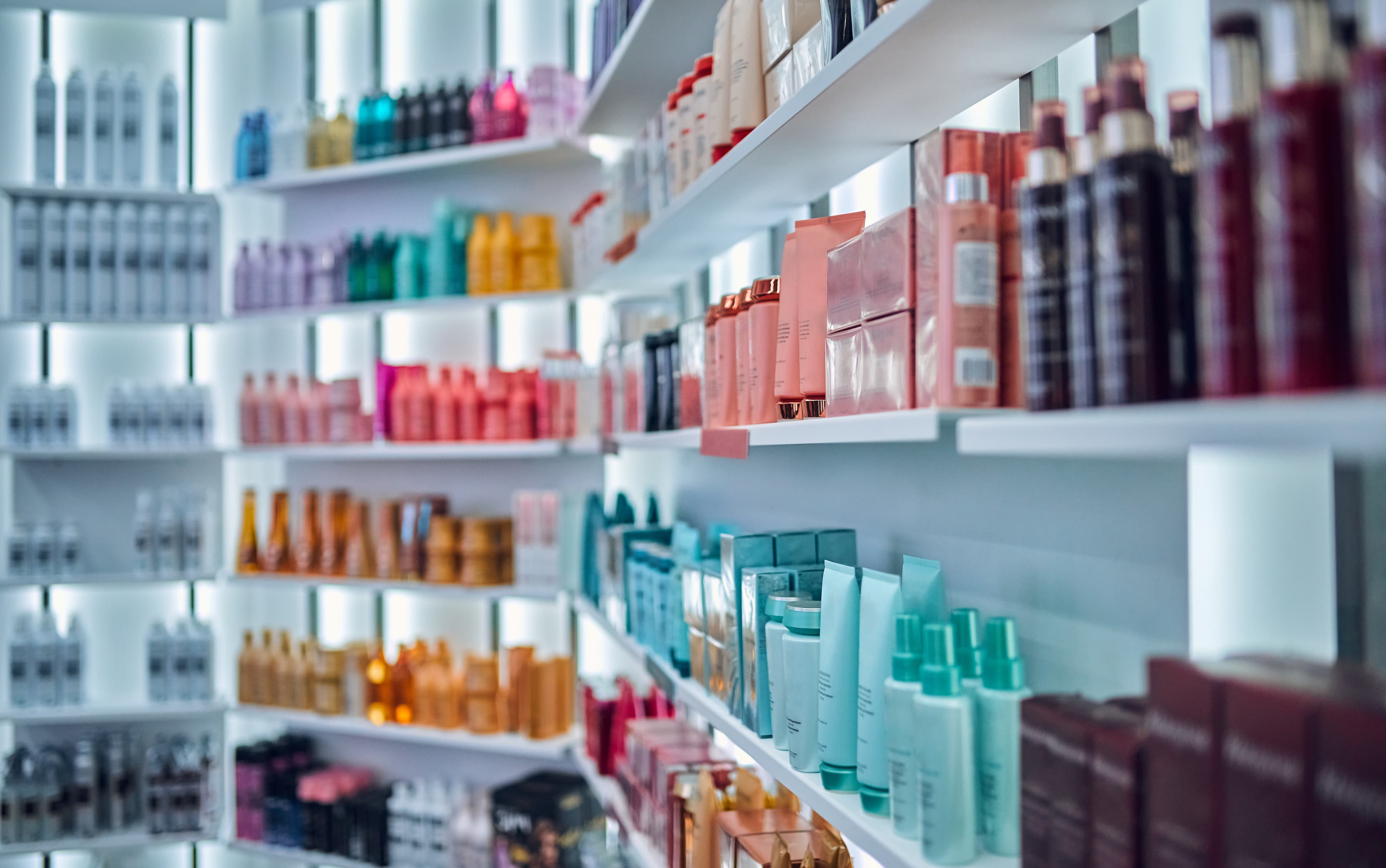 A salon interior showcasing beauty products.