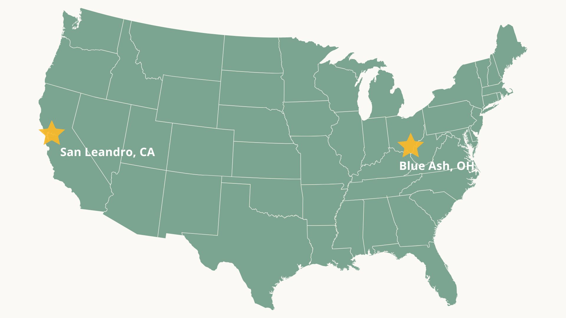 A map of the United States highlighting Lahlouh’s new San Leandro, CA, and Blue Ash, OH, locations.