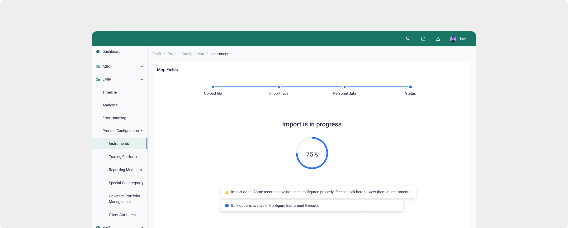 RegTech solution data mapping process screen during trade instrument import.