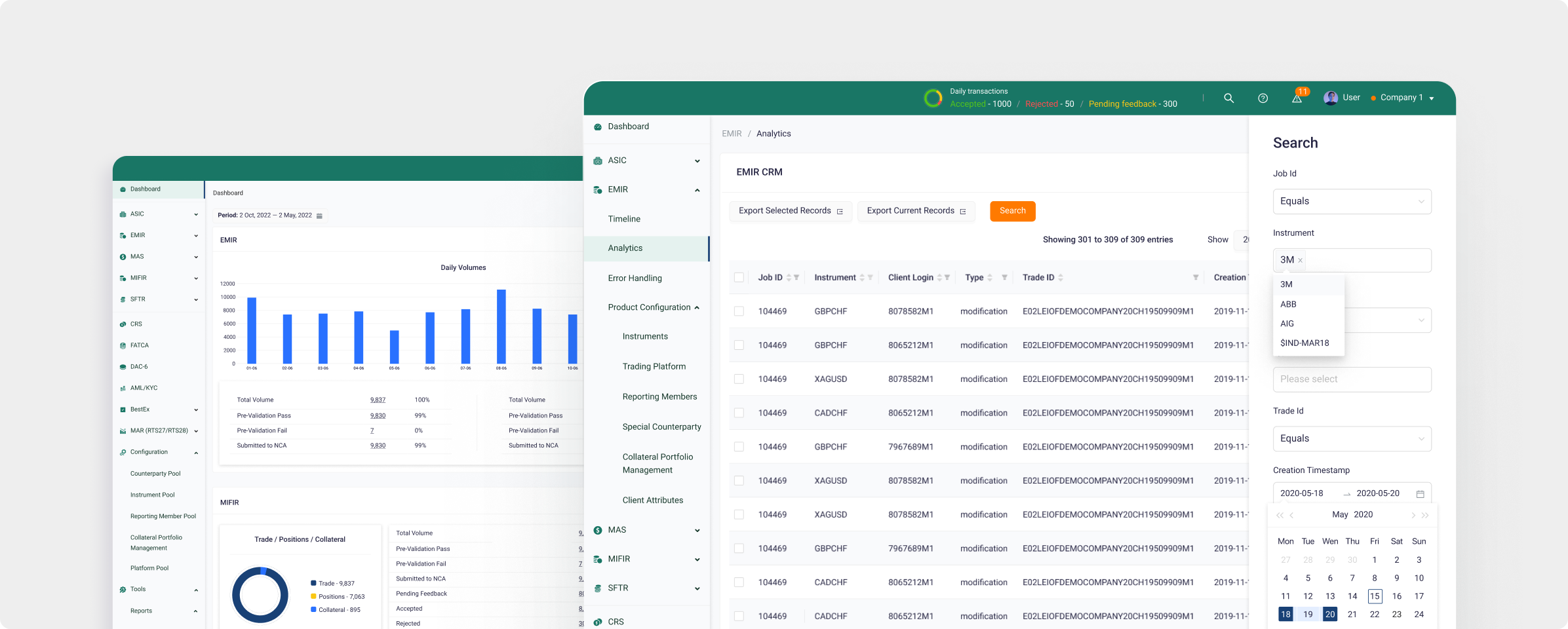 Interface showing financial trade reports and data validation for EMIR compliance.