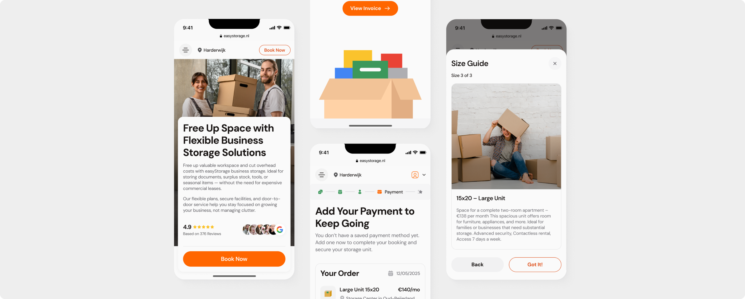 Mobile-friendly Easy Storage interface featuring booking flow, payment screen, and unit size guide with improved usability