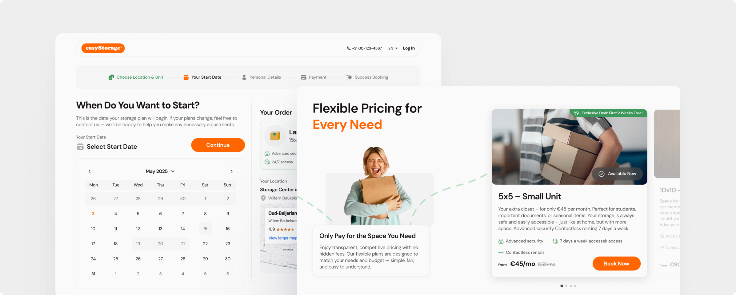 Updated Easy Storage web design displaying the booking calendar, flexible pricing options, and modern UI for selecting storage units