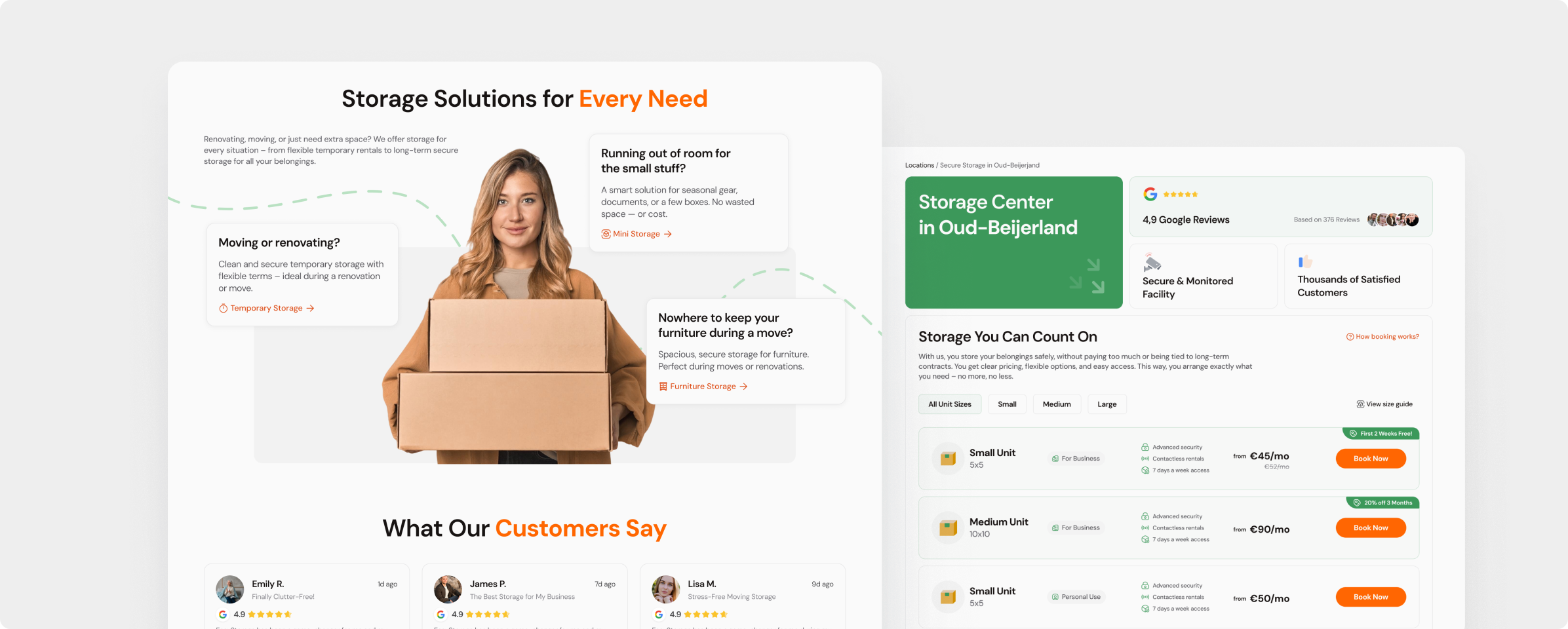 Easy Storage website redesign showcasing service categories, customer testimonials, and a clean modern layout for browsing storage options