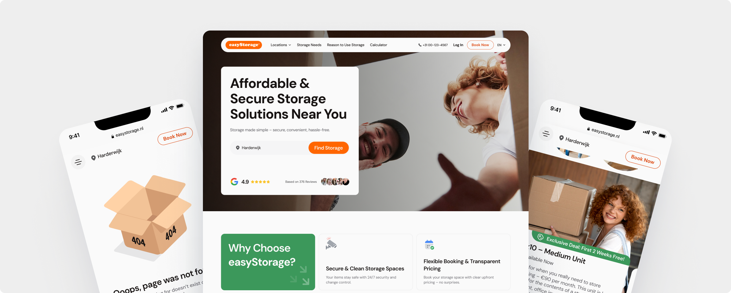 Redesigned Easy Storage website and mobile interface showing a modern homepage with search functionality for nearby storage solutions