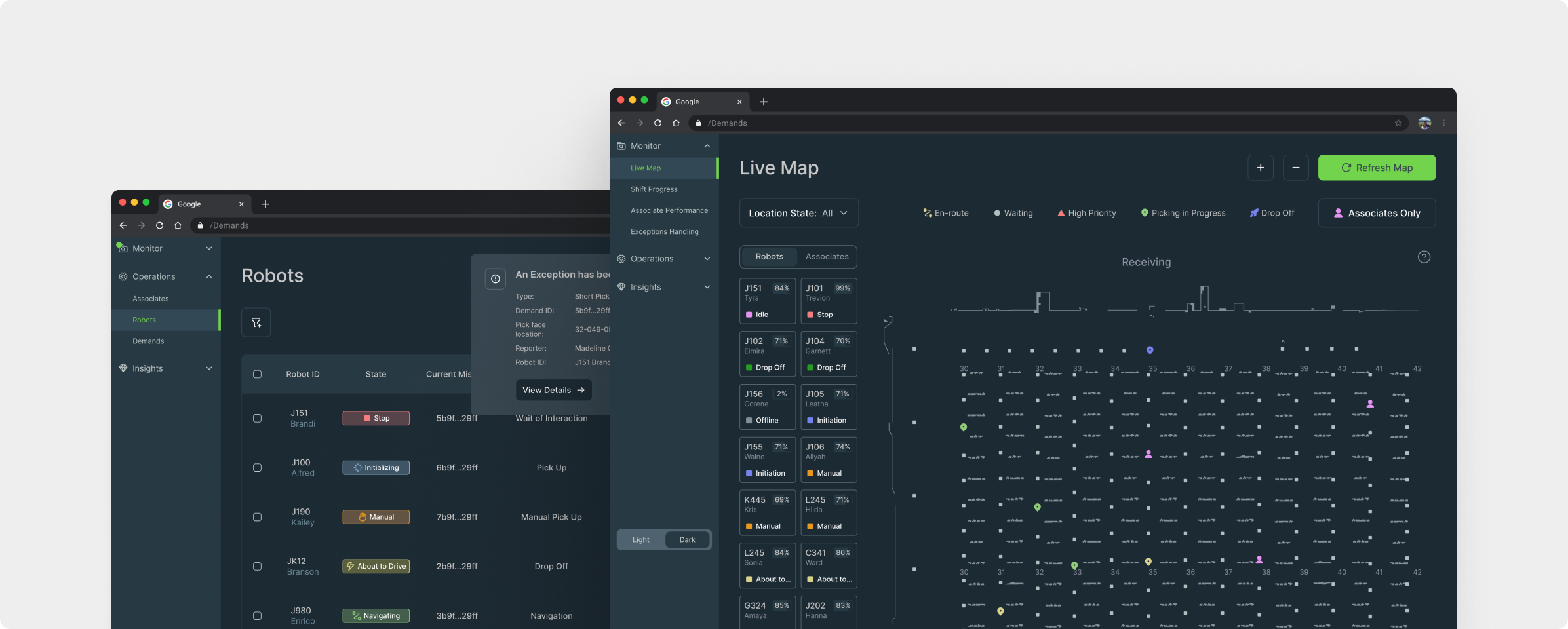 Live map interface displaying active warehouse robots, navigation paths, and task progress in a real-time monitoring tool