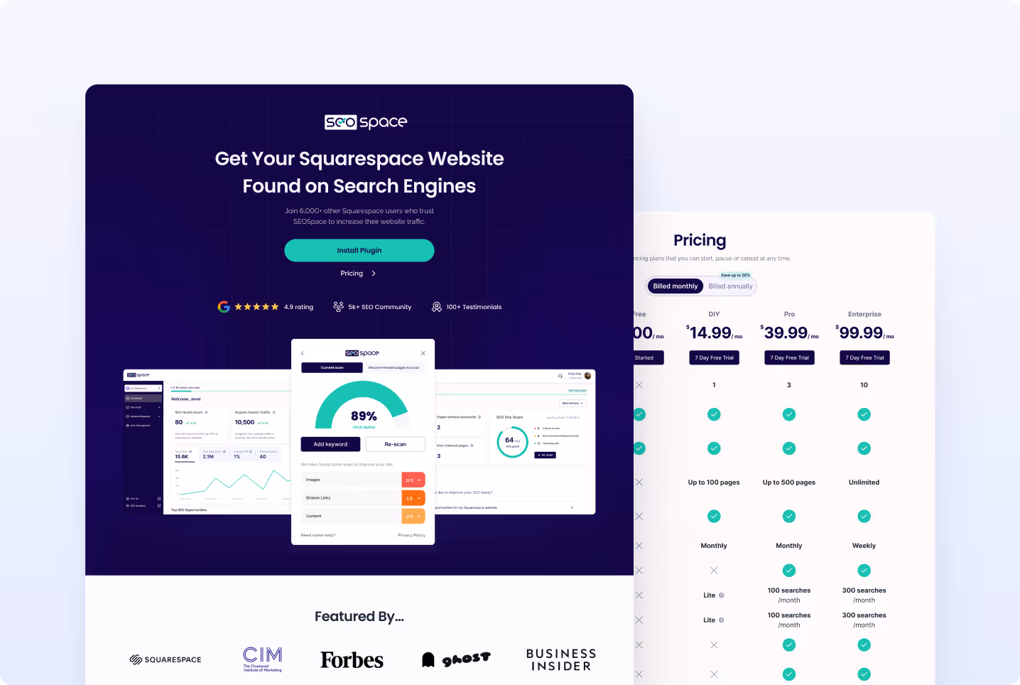 Website optimization tool preview with SEO analysis results and subscription plans for Squarespace users