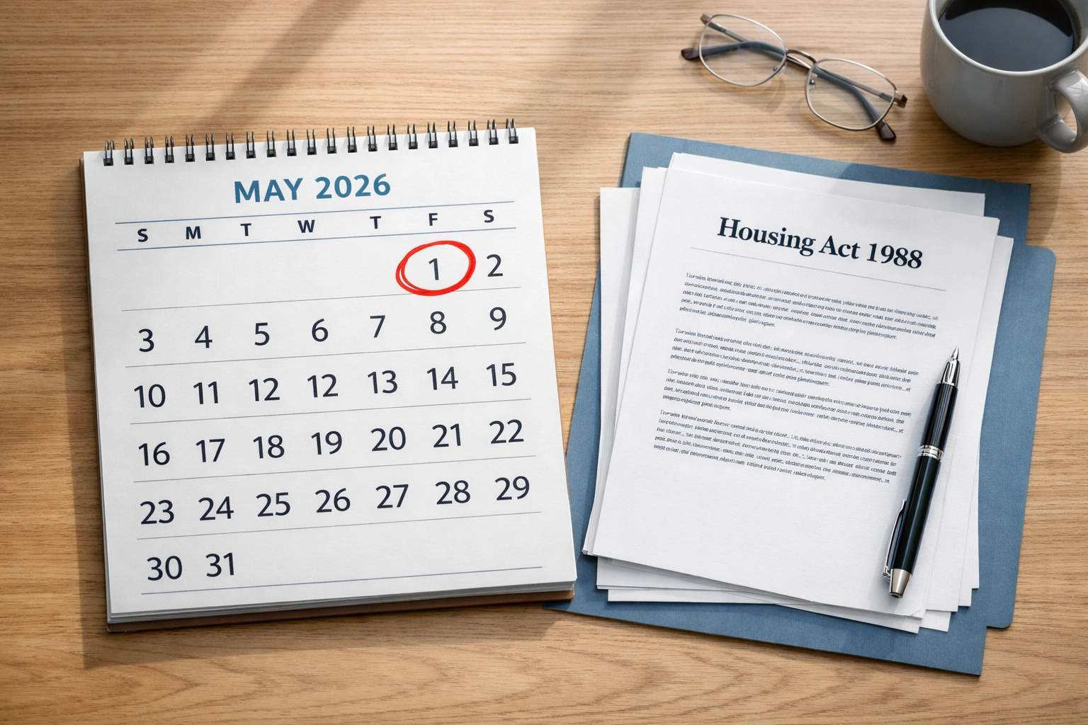 Calendar showing May 1 2026 Section 21 abolition date with Housing Act documents