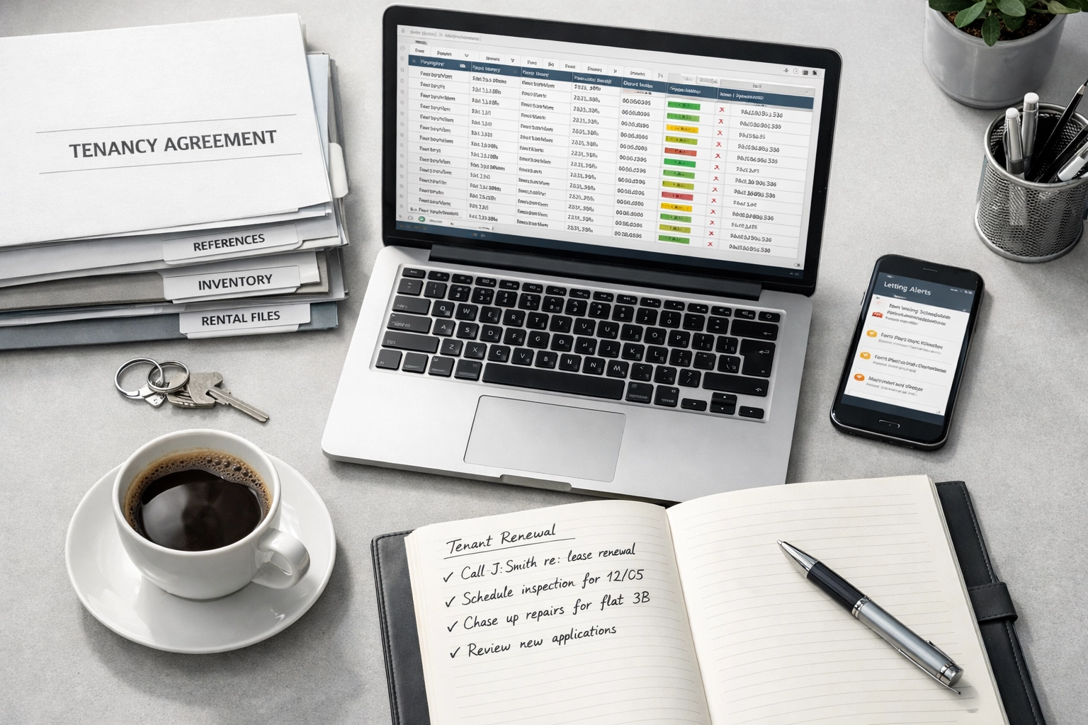Letting agent desk with tenancy folders and compliance documentation for record-keeping