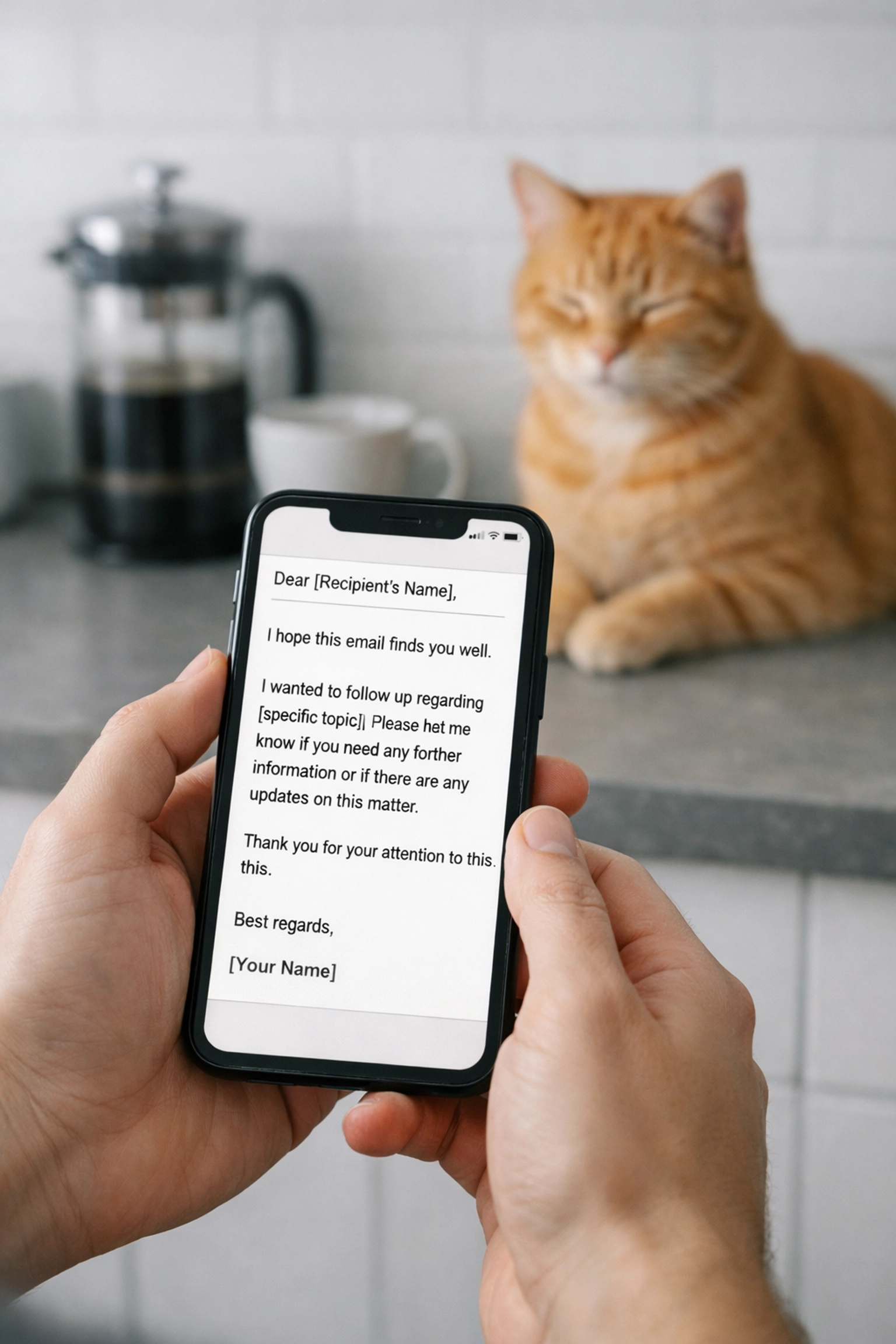 Tenant submitting pet request on smartphone with cat in rental property