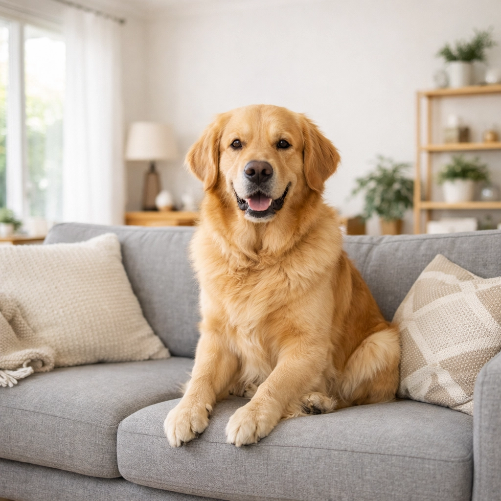 Golden retriever sitting on sofa in modern UK rental property living room
