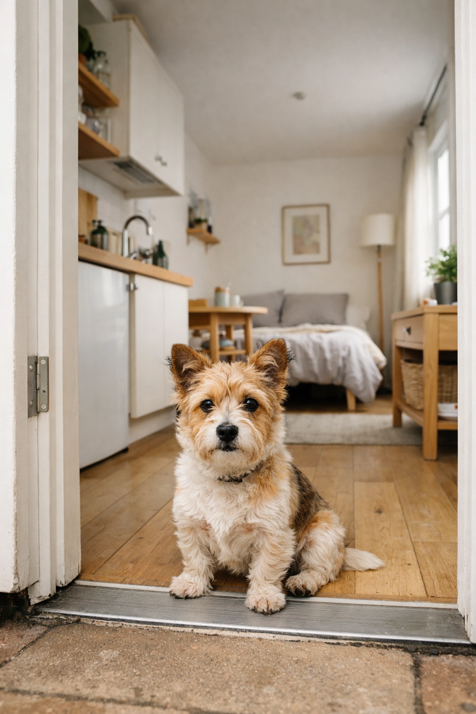 Small dog in compact UK studio apartment showing pet-friendly rental space