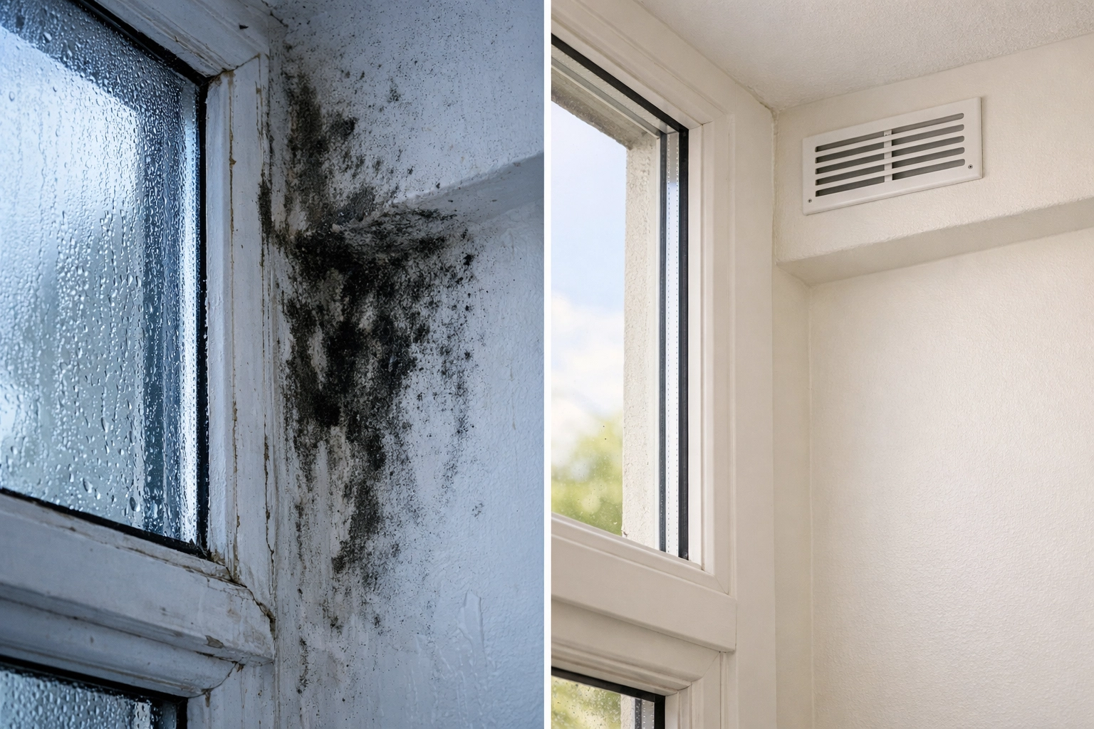 Before and after comparison showing damp and mould treatment under Awaab's Law requirements