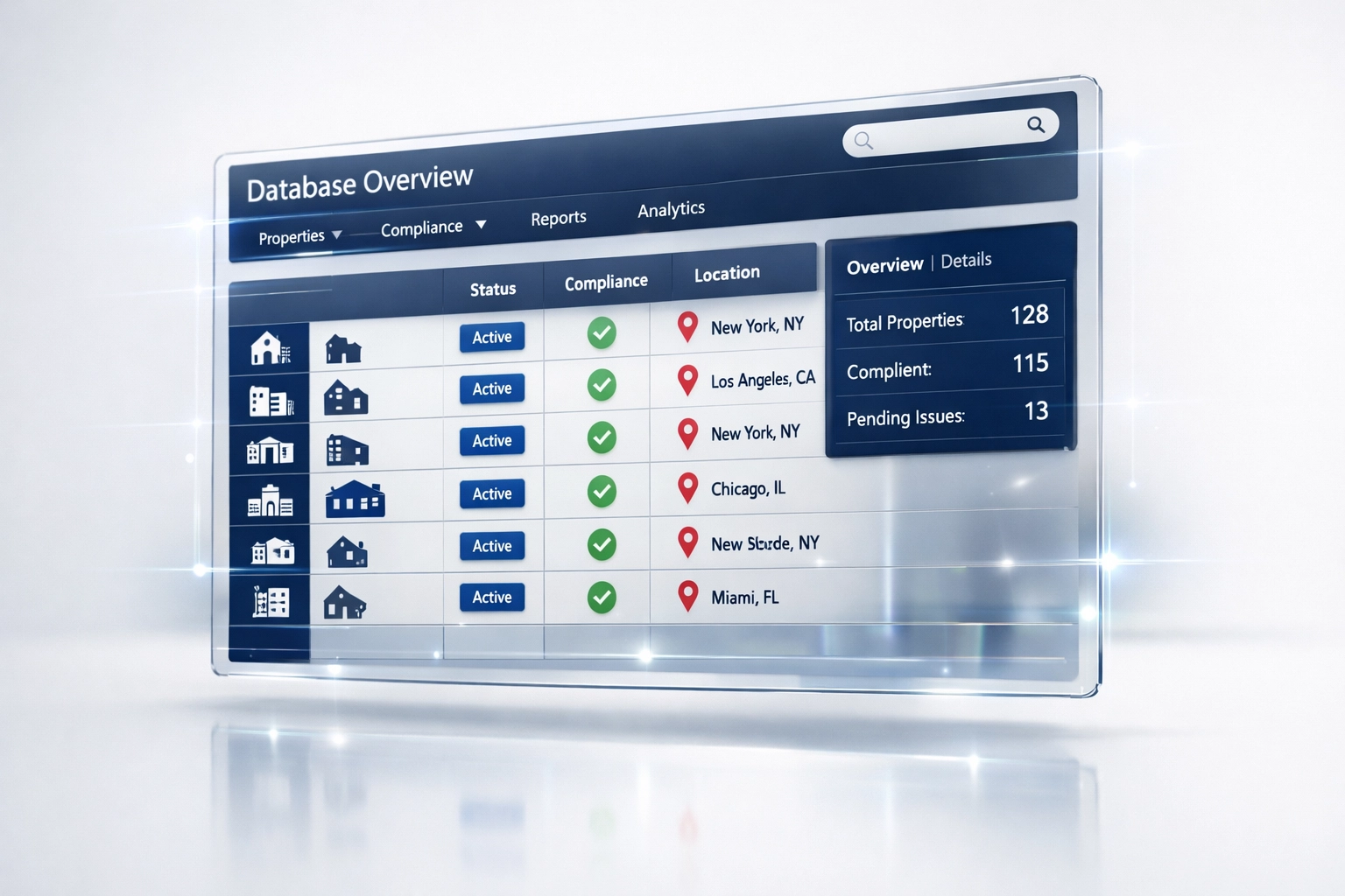 Digital property portal database showing landlord registration and compliance records
