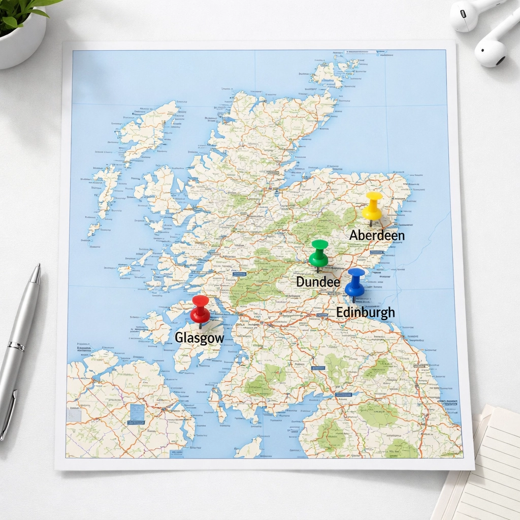 Map of Scotland showing major cities designated for rent control areas