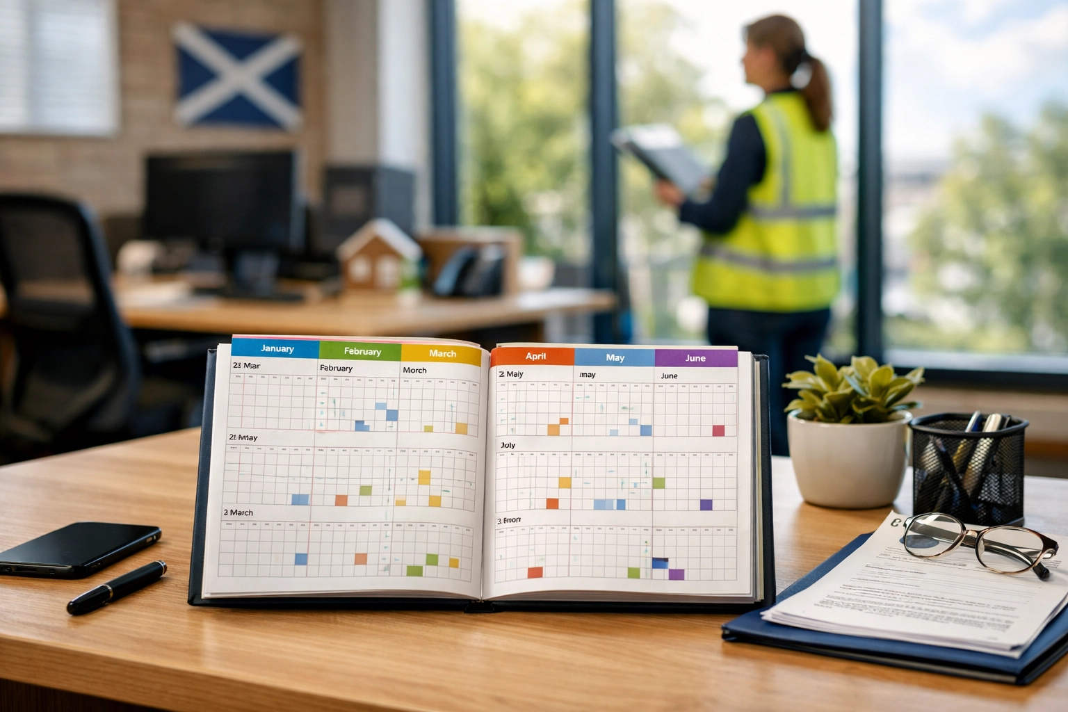 Scottish housing office calendar showing six-month homelessness prevention timeline for at-risk tenants